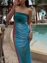 Sexy Strapless Cutout Gradient Printed Vacation Maxi Dress